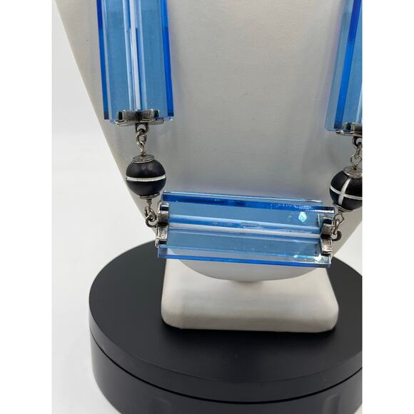 Lela Rose Resin Lucite Blue Antique Silver Tone Collar Statement Necklace - Picture 5 of 11